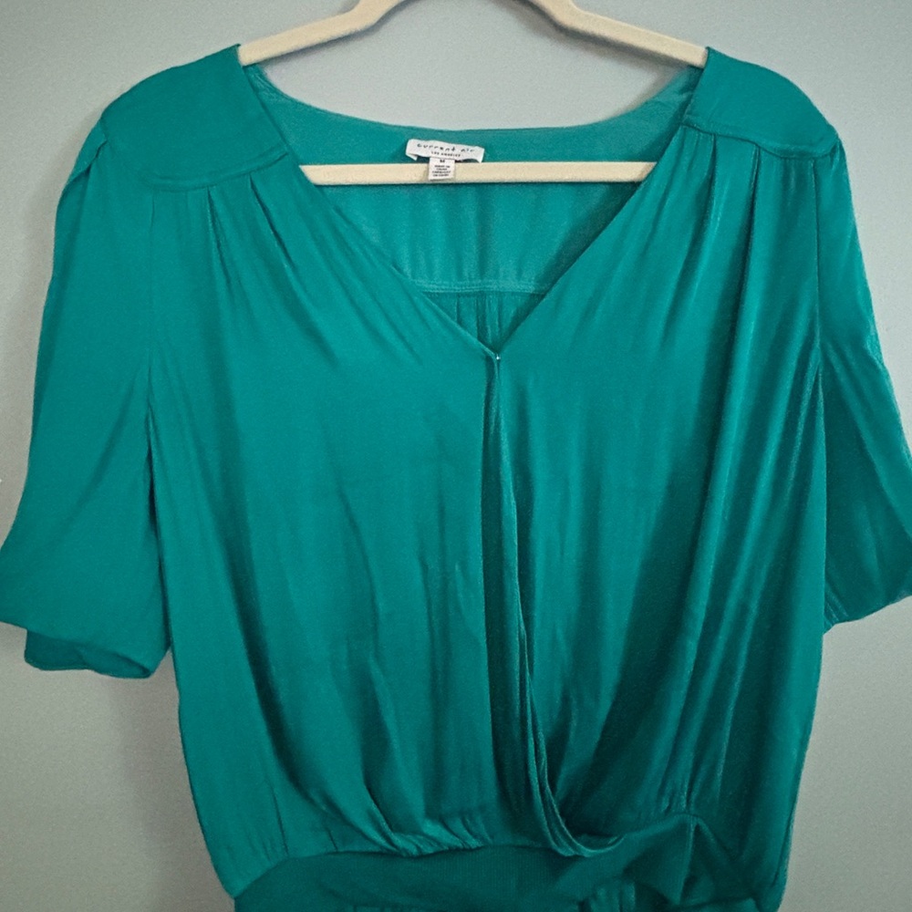 Current Air Green and Blue Wrap Blouse with Bell Sleeves